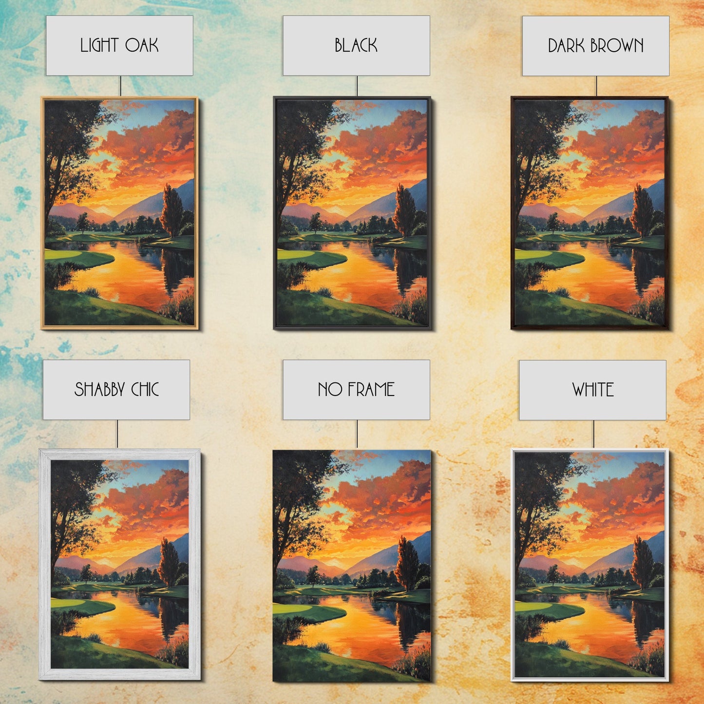 Golden Sunset Golf Framed Canvas Print, Landscape Wall Art, Rustic Horizontal Decor, Living Room Painting, Gift Idea for Him