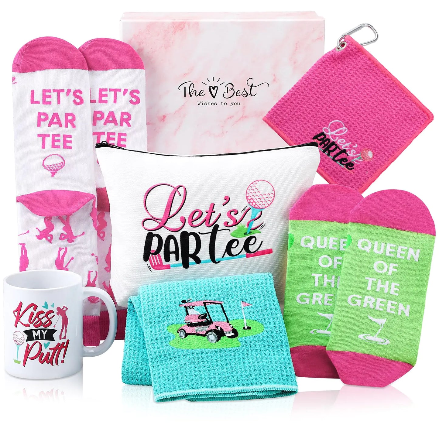 7 Pack Golf Gift for Women - Embroidered Golf Towels, Golf Makeup Bag, Mug, Golf Socks, Ankle Tab Socks, and Golf Accessories with Gift Box - Golf Gifts for Women