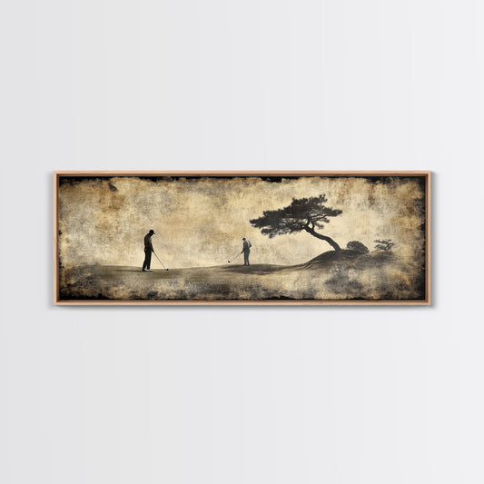 Vintage Golfers Landscape Framed Canvas Print – Rustic Wall Art, Golf Art, Horizontal Wall Art, Living Room Art, Tall Narrow Art