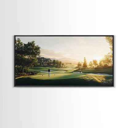 Golf Course Sunset Canvas Print Panoramic Landscape Art Rustic Decor Above Bed Artwork Gift Idea Extra Wide Horizontal Wall Art