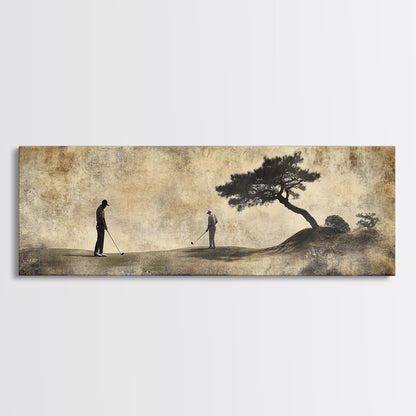 Vintage Golfers Landscape Framed Canvas Print – Rustic Wall Art, Golf Art, Horizontal Wall Art, Living Room Art, Tall Narrow Art
