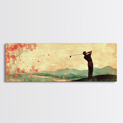 Golf Swing Elegance Framed Canvas Print – Rustic Decor, Golf Art, Panoramic Painting, Horizontal Wall Art, Gift Idea For Him