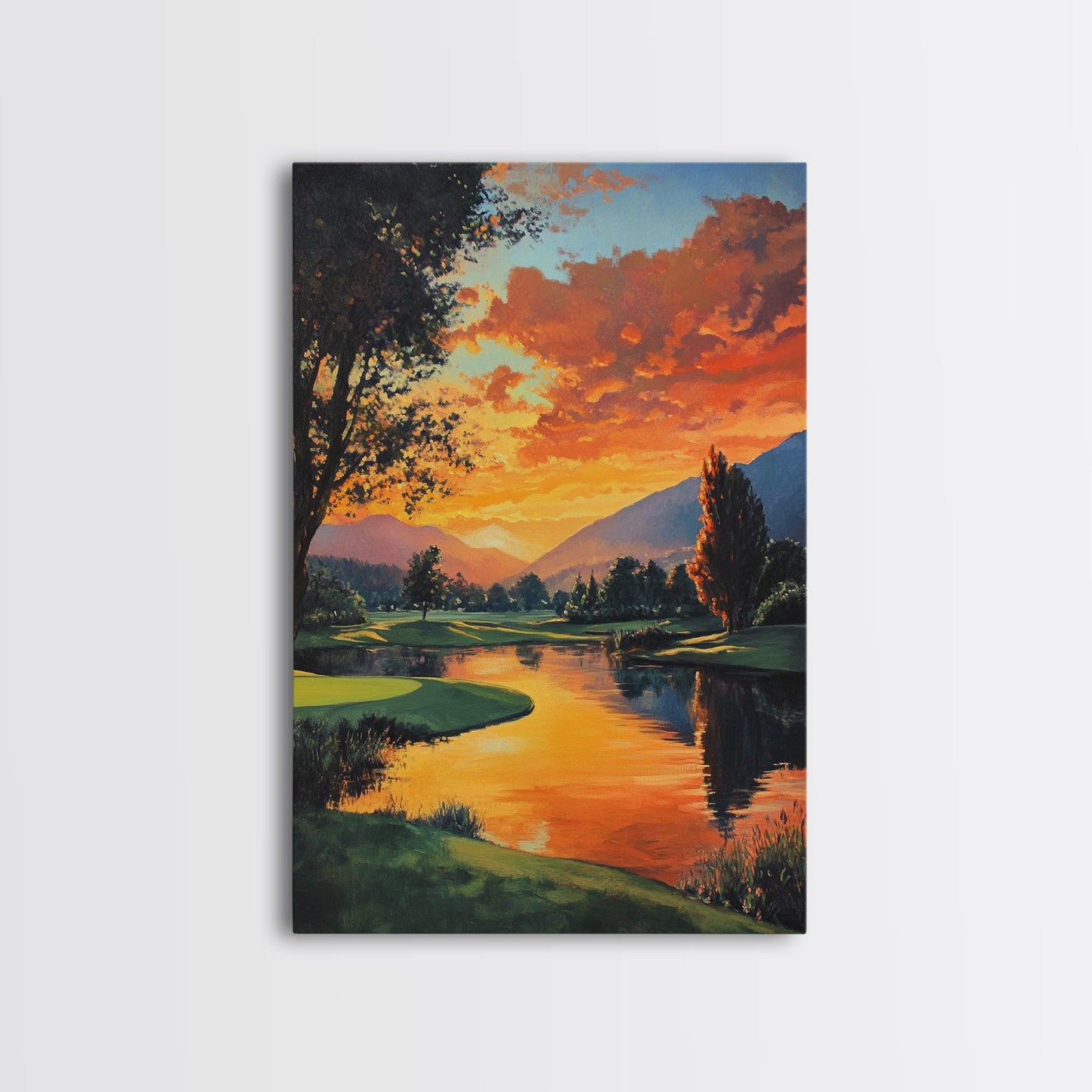 Golden Sunset Golf Framed Canvas Print, Landscape Wall Art, Rustic Horizontal Decor, Living Room Painting, Gift Idea for Him