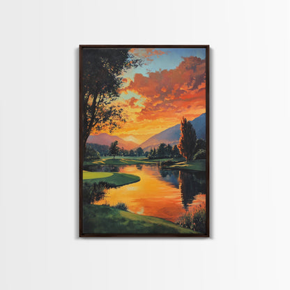 Golden Sunset Golf Framed Canvas Print, Landscape Wall Art, Rustic Horizontal Decor, Living Room Painting, Gift Idea for Him