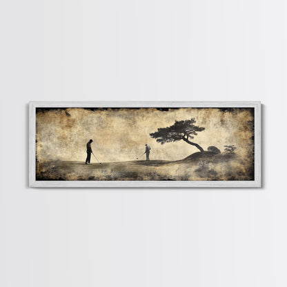 Vintage Golfers Landscape Framed Canvas Print – Rustic Wall Art, Golf Art, Horizontal Wall Art, Living Room Art, Tall Narrow Art