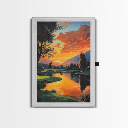 Golden Sunset Golf Framed Canvas Print, Landscape Wall Art, Rustic Horizontal Decor, Living Room Painting, Gift Idea for Him