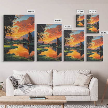 Golden Sunset Golf Framed Canvas Print, Landscape Wall Art, Rustic Horizontal Decor, Living Room Painting, Gift Idea for Him
