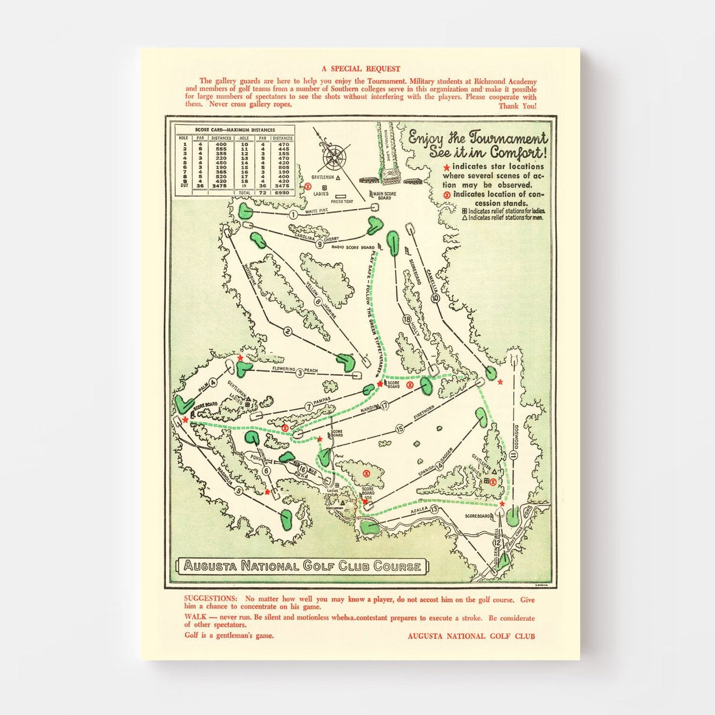 Vintage Map of Augusta National Golf Course, 1954