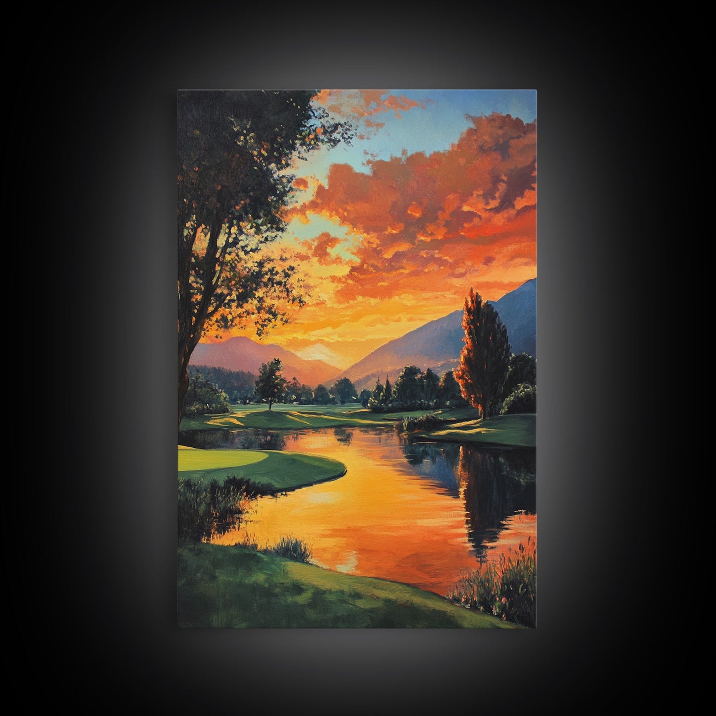 Golden Sunset Golf Framed Canvas Print, Landscape Wall Art, Rustic Horizontal Decor, Living Room Painting, Gift Idea for Him
