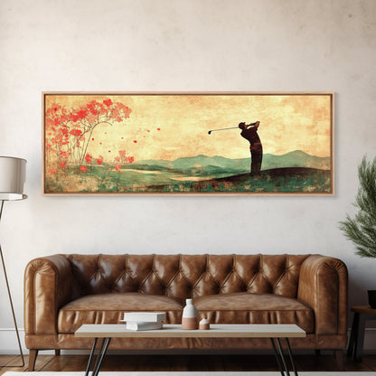Golf Swing Elegance Framed Canvas Print – Rustic Decor, Golf Art, Panoramic Painting, Horizontal Wall Art, Gift Idea For Him