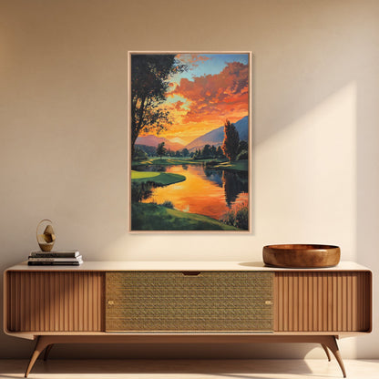 Golden Sunset Golf Framed Canvas Print, Landscape Wall Art, Rustic Horizontal Decor, Living Room Painting, Gift Idea for Him