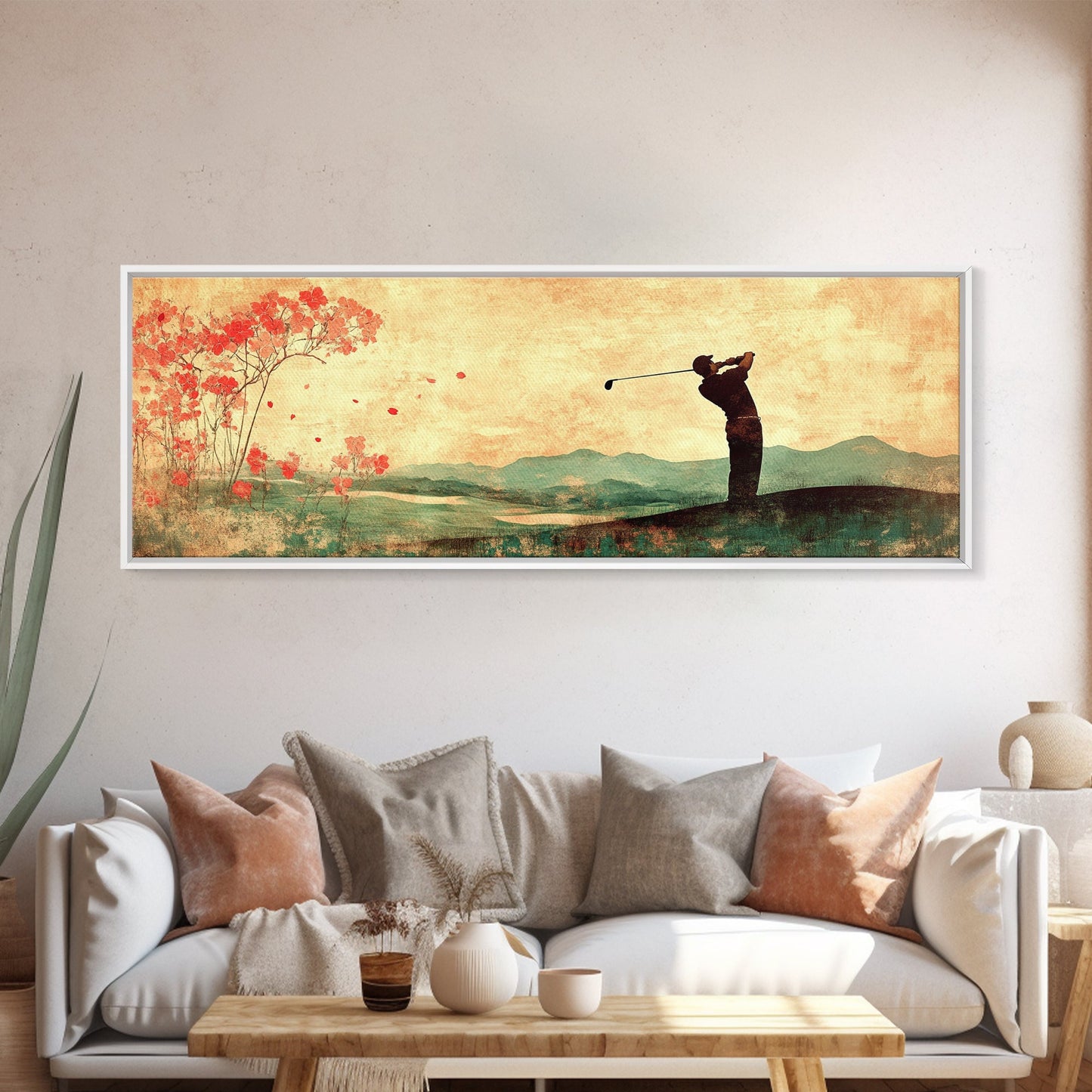 Golf Swing Elegance Framed Canvas Print – Rustic Decor, Golf Art, Panoramic Painting, Horizontal Wall Art, Gift Idea For Him