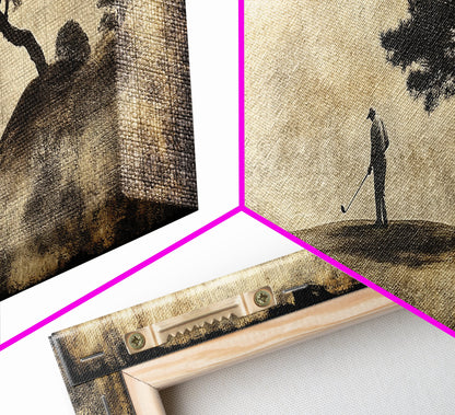 Vintage Golfers Landscape Framed Canvas Print – Rustic Wall Art, Golf Art, Horizontal Wall Art, Living Room Art, Tall Narrow Art