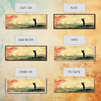 Golf Swing Elegance Framed Canvas Print – Rustic Decor, Golf Art, Panoramic Painting, Horizontal Wall Art, Gift Idea For Him
