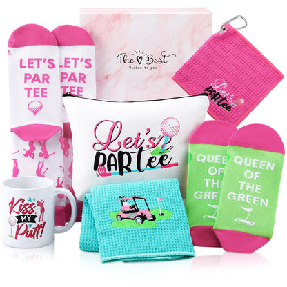 7 Pack Golf Gift for Women - Embroidered Golf Towels, Golf Makeup Bag, Mug, Golf Socks, Ankle Tab Socks, and Golf Accessories with Gift Box - Golf Gifts for Women